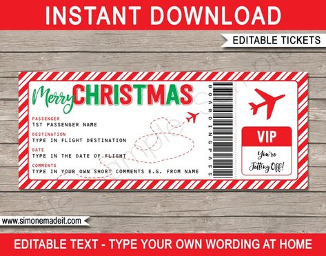 Boarding Pass Christmas Gift Ticket Surprise Trip Getaway | Etsy Fake Plane Ticket, Ticket Template Free, Surprise Trip Reveal, Christmas Gift Certificate Template, Christmas Gift Certificate, Surprise Vacation, Boarding Pass Template, Gift Card Template, Merry Christmas Text