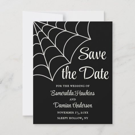 Spiderwebs Black and White Gothic Save the Date Invitation  Zazzle White Gothic, Eggshell White, Date Invitation, Themed Weddings, Ecru Color, The Wedding Date, Save The Date Card, Wedding Location, Save The Date Invitations