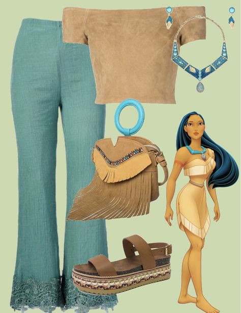 Disney Bounding Pocahontas, Disney Princess Everyday Outfits, Modern Day Pocahontas Outfits, Pocahontas Dress Inspired Outfits, Pocahontas Aesthetic Outfit, Pocahontas Modern Outfit, Shein Disney Outfit, Adult Disney Princess Inspired Outfits, Disney Princess Casual Outfits