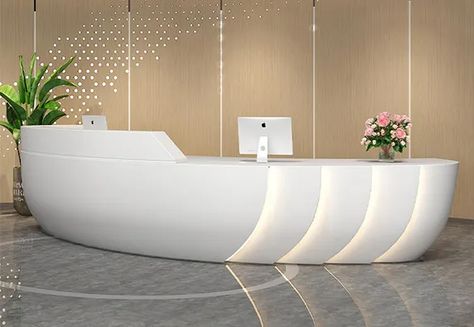 White Elliptical Reception Desk - Modern Minimalism Led Reception Desk, Medical Reception, Unique Reception Desks, Stone Reception Desk, Marble Reception, Modern Reception Desk Design, White Reception Desk, Small Reception Desk, Reception Table Design