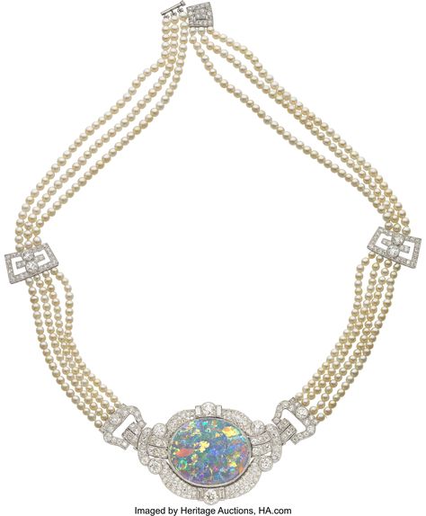 Art Deco Raymond Yard Black Opal, Diamond, Natural Pearl, Platinum Necklace.   Heritage Auctions Sept 2024 Necklace Stones, Platinum Necklace, Royal Jewels, Royal Jewelry, Natural Pearl, Black Opal, Opal Jewelry, High Jewelry, Luxury Accessories