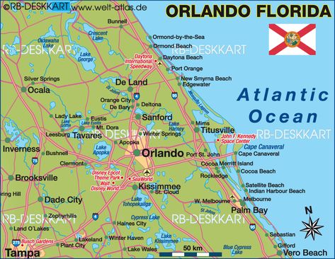 Map of Orlando Florida Orlando Map, Beach Disney, Orlando Usa, Merritt Island, Orange City, Map Of Florida, Cape Canaveral, America Map, Ormond Beach