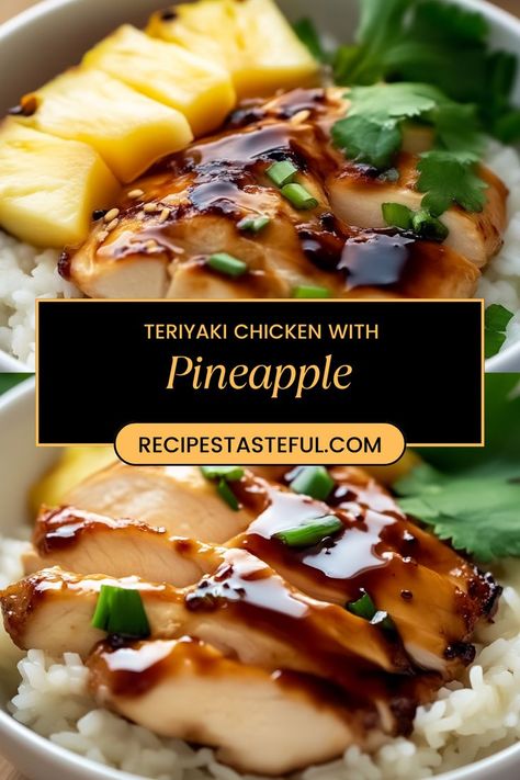 This Teriyaki Chicken with Pineapple features tender chicken coated in a sweet and savory homemade teriyaki sauce, complemented by juicy pineapple chunks. Served over fluffy rice, this dish is perfect for a quick weeknight dinner that the whole family will love Baked Pineapple Teriyaki Chicken, Teriyaki Chicken With Pineapple, Pineapple Chicken And Rice, Teriyaki Chicken Marinade, Pineapple Teriyaki Chicken, Teriyaki Pineapple Chicken, Chicken With Pineapple, Pineapple Teriyaki, Pineapple Recipe