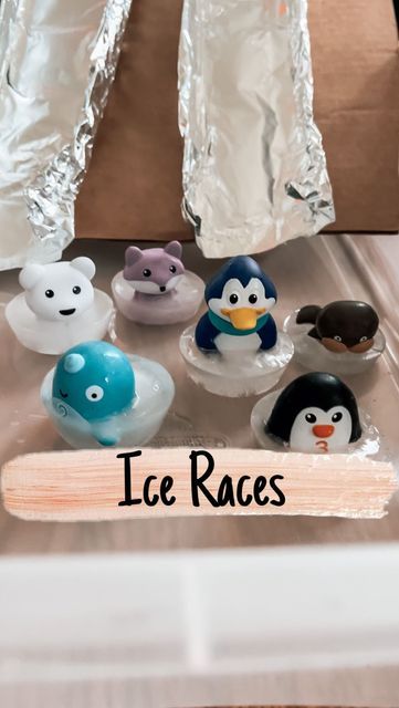 Brittany | Kids/Toddler/Baby Activities on Instagram: "Let’s race with ice! @montessorifromtheheart shared a reel about freezing little plastic penguins and I thought they would be so fun to race! We froze our animals overnight in muffin tins and created a racetrack with cardboard and tin foil for this fun activity. After my kids were done racing, they had fun smashing the ice and “rescuing” the animals. Let us know if you try it! #kidsactivities #kidsactivity #kidsplay #kidsplayideas # Artic Activities Toddlers, Artic Animal Toddler Crafts, Pa Day Activities For Kids, Ice Age Activities For Preschoolers, Winter Crafts For Classroom Party, Ice Games For Kids, Easy Winter Activities For Kids, Winter Mark Making Activities Eyfs, Arctic Activities For Toddlers