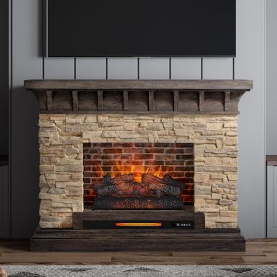 allen + roth 53-in W Sedona Infrared Quartz Electric Fireplace in the Electric Fireplaces department at Lowes.com Wall Electric Fireplace, Stone Electric Fireplace, Cabin Basement, Media Fireplace, Fireplace Facing, Electric Fireplaces, Electric Fireplace Insert, Cottage Inspiration, Real Flame