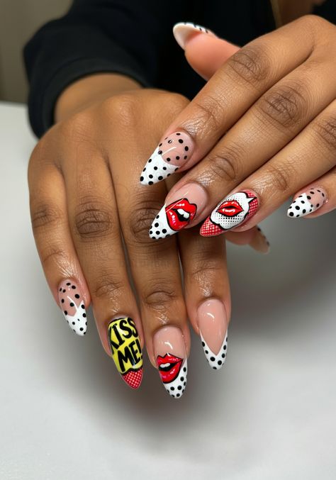 💋🎨 Bold, playful, and full of personality! These comic pop art-inspired Valentine’s Day nails feature polka dots, vibrant red lips, and a fun “KISS ME” accent. Perfect for making a statement this Valentine’s season or just showing off your love for unique nail art. Save this look for your next salon visit! #PopArtNails #ValentinesDayNails #BoldNailArt #KissMeNails #ComicNails #NailInspo #StatementNails Lip Nail Designs Kiss, Comic Book Nails Designs, Lip Nail Art, Comic Nail Art, Lips Nail Art, Book Valentines, Galentines Aesthetic, Marvel Nails, Nail Art Trendy