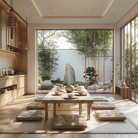 12 Asian-Inspired Small Kitchen and Dining Room Ideas • 333+ Art Images Japanese Dining Room Traditional, Japanese Eating Table, Modern Asian House Interior, Japan Dining Room, Korean Tea House, East Asian Interior Design, Asian Modern House, Dining Room Japanese, Japandi Studio