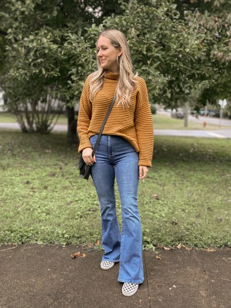 Check out these five outfits for fall made with Flare Jeans! Fall Flair Jeans Outfit, Kancan Flare Jeans Outfit, Flare Jeans With Vans, Flare Jeans Tennis Shoes Outfit, Plus Size Flare Jeans Outfits Fall, Flare Jeans Teacher Outfit, Plus Size Flare Jeans Outfits Winter, Flare Jean Fall Outfit, Fall Outfit Flare Jeans