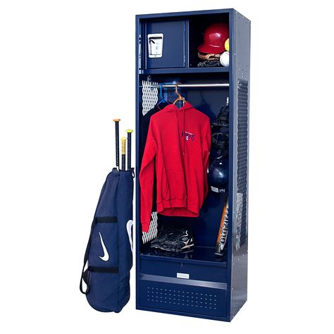 Baseball Locker Room Ideas, Softball Locker Room Ideas, Diy Sports Locker, Baseball Equipment Storage, Baseball Locker Room, Baseball Dugout Bins, Baseball Bat Storage, Box Sport, Baseball Dugout