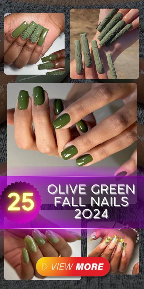 Keep it classy with olive green fall nails 2024 that feature gold flakes and aesthetic designs. These ideas are perfect for those who love a mix of simple and elegant styles. Gel almond nails with glitter accents can add just the right amount of sparkle to your look, while coffin shapes offer a bold statement. Whether you’re dressing up for a special occasion or just want to keep your everyday look polished, these nails are sure to impress. Matte Green Fall Nails, Olive Color Nails, Different Shades Of Green Nails, Olive Green Chrome Nails, Fall Nails Gold Flakes, Hunter Green Nails Design, Fall Green Nail Designs, Olive Green Fall Nails, Olive Green Nail Ideas