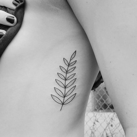 simple fern illustration rib tattoo by Carrie Metz-Caporusso Fern Tattoo Simple, Fern Side Rib Tattoo, Minimal Fern Tattoo, New Zealand Fern Tattoo Design, Fern Tattoo Linework, Nz Silver Fern Tattoo, Rib Tattoos For Guys, Small Sister Tattoos, Glyph Tattoo