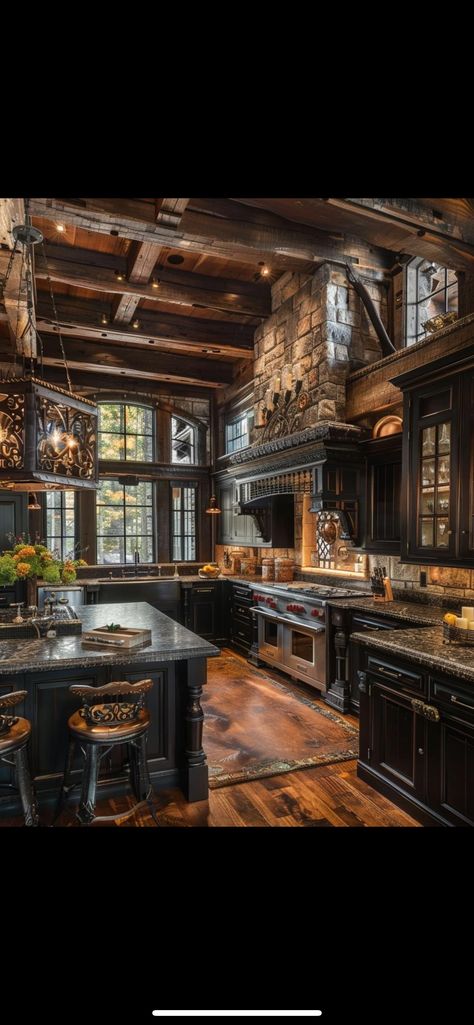 Gothic Log Cabin, Fancy Cabin, Log Cabin Mansions Interior, Gothic Cabin, Log Cabin Mansions Dream Homes, Fall Houses, Canadian Cabin, Dark Academia Fall, Wood Cabin Mansion