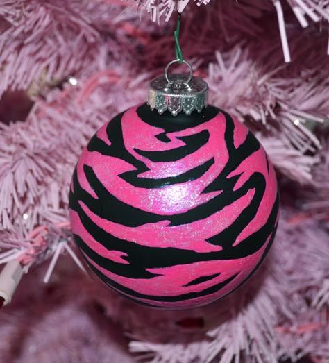 hot pink zebra glitter ornament!!  homemade Mcbling Christmas, Zebra Ornament, Ornament Homemade, 2000s Christmas, Vinyl Christmas Ornaments, Hot Pink Christmas, Mc Bling, Y2k Christmas, Hot Pink Zebra