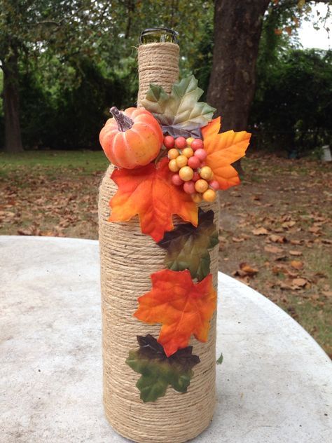 Fall twine wine bottle Twine Wine Bottles, Thanksgiving Wine Bottle, Fall Wine Bottles, Thanksgiving Wine, Bottle Decoration, Wine Painting, Craft Things, Wine Bottle Art, Happy Fall Y'all