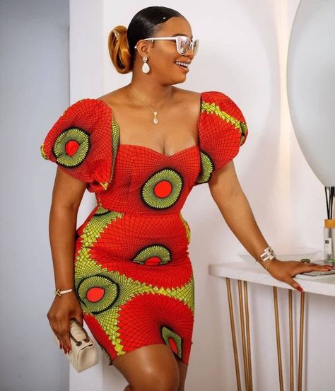 Short Puff Sleeve Dress, Chitenge Outfits, Ankara Styles For Women, Ankara Short, Ankara Short Gown Styles, Ankara Dress Styles, African Print Dress Ankara, Short African Dresses, Short Puff Sleeve