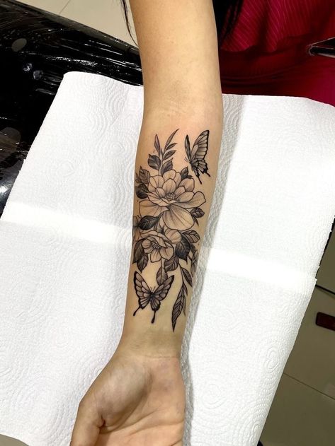 Inner Forearm Tattoo Floral, Forearm Tattoo Inner, Blooming Flower Tattoo, Flower Forearm Tattoo, Nautilus Tattoo, Butterfly Flower Tattoo, Poseidon Tattoo, Forearm Flower Tattoo, Scene Tattoo