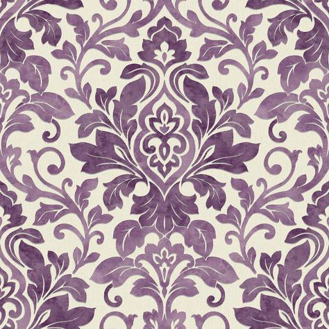 Damask Wallpaper Bedroom, Purple Pillows, Boho Bedding, Damask Wallpaper, Wallpaper Bedroom, Vintage Printables, Vintage Clock, Purple Wallpaper, Boho Pillows