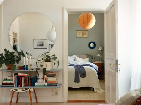 Muted Blue Bedroom, Blue Bookshelves, Space Week, Swedish Home, Swedish Apartment, Muted Blue, One Bedroom Apartment, Blue Bedroom, Scandinavian Home