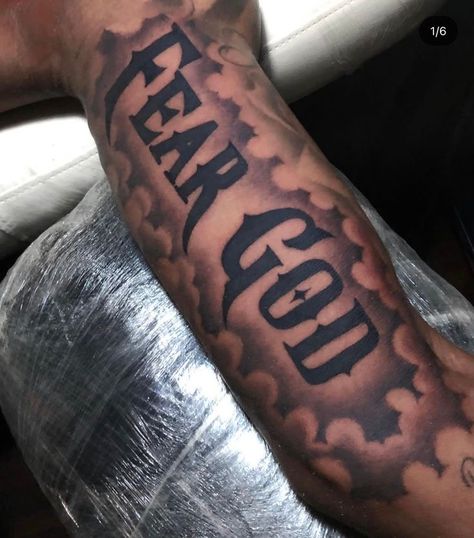 Fear God Tattoo Men Bicep, Sky Is The Limit Tattoo, Inside Arm Tattoo Men, Bicep Tattoo For Guys Inner, Inner Bicep Tattoo Men, Inside Bicep Tattoo Mens, Forearm Word Tattoo, Calf Sleeve Tattoo, Inside Bicep Tattoo