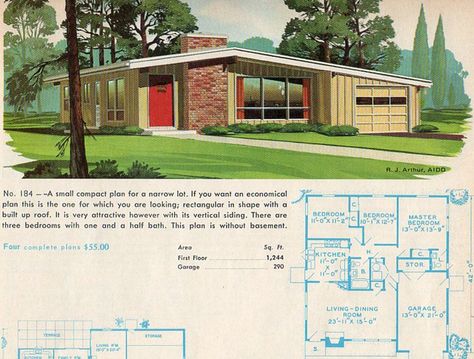 1244 sq ft plus 290 sq ft garage.  3 bed, 1.5 bath.  Laundry is in kitchen.  No room for a pantry and small coat closet is all the way across the living/dining room. Mid Century House Plans, 50s House, Mid Century Modern House Plans, Mid Century Houses, Oasis Springs, Mid Century Homes, Modern Floor Plans, Sims House Ideas, Journaling Collage