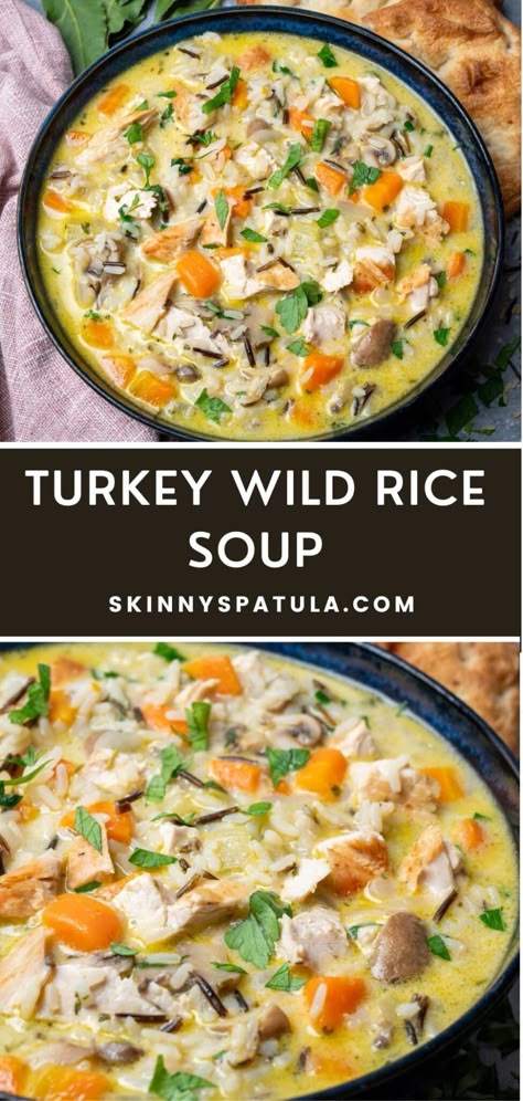 Turkey Wild Rice Soup – Skinny Spatula Turkey Wild Rice Soup Recipes, Wild Rice Soup Healthy, Wild Rice Soup Crockpot, Rice Soup Crockpot, Turkey And Wild Rice Soup, Turkey Soup Crockpot, Turkey And Wild Rice, Easy Turkey Soup, Turkey Wild Rice Soup