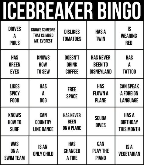 Great for starting any type of party! Ice Breaker Bingo, Bingo Card Template, Ice Breaker Questions, Reunion Games, Family Reunion Games, Ice Breaker Games, Bingo Card, Ice Breaker, Class Reunion