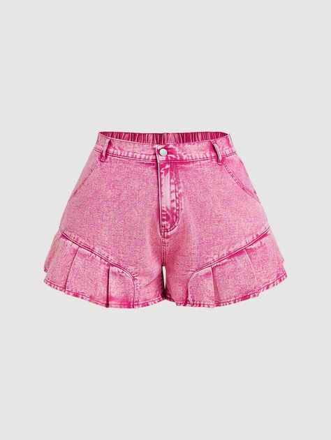 Pink  Collar  Denim Plain Bermuda Embellished Non-Stretch  Women Plus Clothing Shorts Rosa, Pink Denim Shorts, Pink Collar, Pink Collars, Sweet Tea, Tea Length, Pink Shorts, Maternity Bag, Vintage Pink