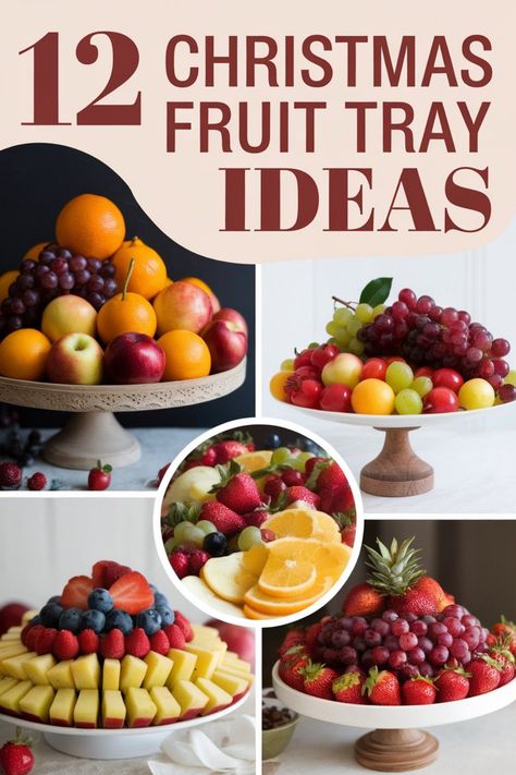 "Twelve creative Christmas fruit tray presentations featuring colorful arrangements of apples, oranges, grapes, strawberries, and pineapple." Finger Fruit Ideas, Christmas Fruit Display Ideas, Fruit Platter For Christmas Party, Fruit Party Platter, Christmas Fruit Bowl Ideas, Citrus Fruit Platter, Christmas Theme Fruit Tray, Holiday Fruit Platter Christmas, Fruit Arrangements For Christmas