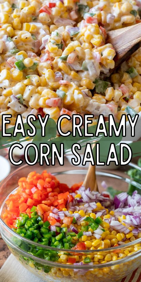 This Creamy Corn Salad Recipe is a quick and easy side dish that's filled with crisp corn kernels that pop in a creamy sauce; perfect for summer potlucks and bbq's! Cold Corn Salad, Creamy Corn Salad, Easy Corn Salad, Frito Corn Salad, Creamy Avocado Pasta, Simple Sides, Brunch Salad, Corn Salad Recipe, Pea Salad Recipes