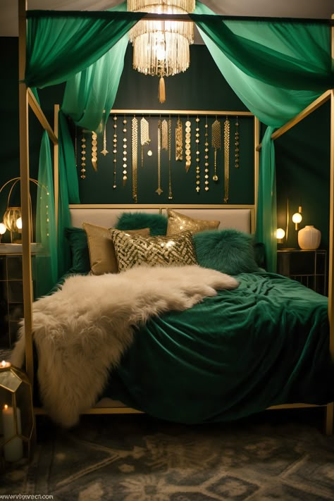 this Vibrant Modern Boho Bedroom is lit by emerald green LED strip lighting tucked behind the headboard. The walls are a muted sage (#9DC183), and the room features a four-poster bed, gold accents, and a patterned rug. Little Apartment Decor, Emerald Green Rooms, Emerald Bedroom, Street Room, Emerald Green Bedrooms, Beautiful Bed Designs, Baddie Apartment, Baddie Apartment Ideas, Green Bedroom Decor