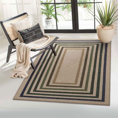 PRICES MAY VARY. 【Neutral Easy-Jute Rug】 Get a magic of a long-lasting rug in the look of natural jute with our new Easy-Jute rugs. (Not actually made from jute) Made of safe polyester that is not easy to crack, without scratching, shedding, or fraying with time. 【Modern Geometric Rug 】Showcasing a striped border in multi-colors, purposely distressed and faded geometric design, it makes a great option for anchoring modern farmhouse aesthetics. Liven up your decor, whether in or out, with this ar Kitchen Rugs Washable, Contemporary Carpet, Farmhouse Area Rugs, Modern Rainbow, Laundry Room Rugs, Outdoor Rugs Patio, Indoor Carpet, Indoor Door Mats, Washable Area Rug