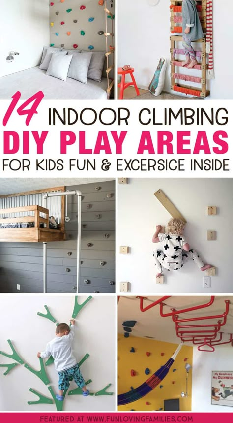 14 Genius DIY Climbing Spaces for Kids Indoor Play - Fun Loving Families Basement Activity Room, Activity Room For Kids, Wall Climbing Kids Room, Activity Room Ideas, Kids Climbing Wall Indoor, Climbing Wall Kids Room, Diy Kids Playroom, Indoor Play For Kids, Kids Climbing Wall