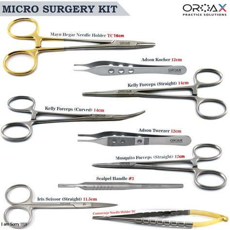 Dental Micro Surgery Instruments Kit Castroviejo Needle Holder Surgical Scissors Surgical Scissors, Surgical Tools, Surgery Instruments, Scrub Tech, Surgical Tech, Nursing School Notes, Medical Terminology, Dental Instruments, Eye Surgery