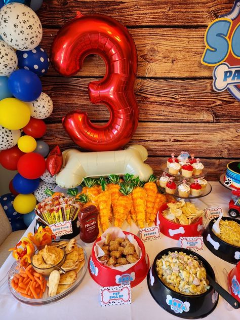 Food table for Paw Patrol / Marshall/ Firefighter party Paw Patrol Birthday Table, Paw Patrol Table Decorations, Marshall Birthday Party, Marshall Paw Patrol Birthday, Paw Patrol Party Food, Bday Decor, Paw Patrol Marshall, Psi Patrol, Firefighter Party