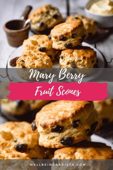 Indulge in Mary Berry's Fruit Scones! These classic treats are bursting with juicy fruits and have a light and fluffy texture. Recreate them in your own kitchen with this easy recipe. Fruit Scones Recipe Mary Berry, Mary Berry Scones Recipe, Fruit Scones Recipe Easy, Rock Buns Recipe, Mary Berry Scones, Marry Berry Recipes, Mary Berry Recipes Baking, Berry Scones Recipe, Mary Berry Baking