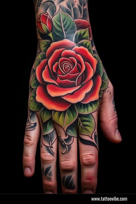 Rose Hand Cover Up Tattoo, Rose Mom Tattoo, Hand Tattoo Coverup, Red Rose Hand Tattoo, Men’s Rose Tattoo, Rose Hand Tattoo Men, Traditional Rose Tattoo Design, Traditional Tattoo Rose, Red Roses Tattoo