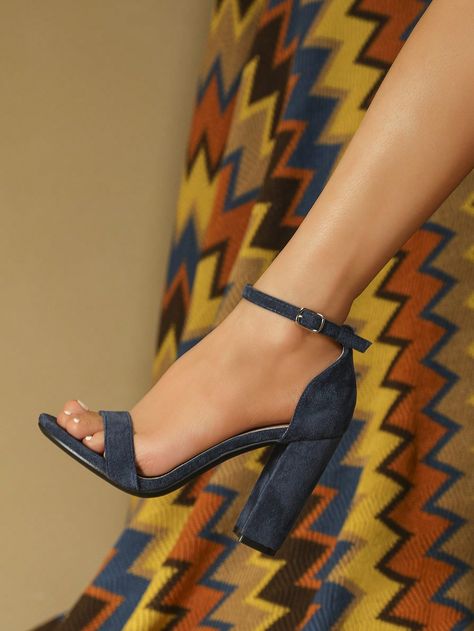 Women Chunky Heeled Ankle Strap Sandals, Fashionable Outdoor Navy Blue Faux Suede Heeled Sandals | SHEIN USA Sandals Shein, Jewelry Closet, Elegant Sandals, Heeled Sandals, Ankle Strap Sandals, Strap Sandals, Faux Suede, Ankle Strap, Sandals Heels