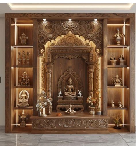 Wooden Temple For Home Interior Design, Pooja Room Doors, Marble Mandir Design, House Temple Design Indian, Corner Temple Design For Home, Castle House Interior, Pooja Room Ideas Indian, Wooden Temple For Home, Bedroom Pop Design