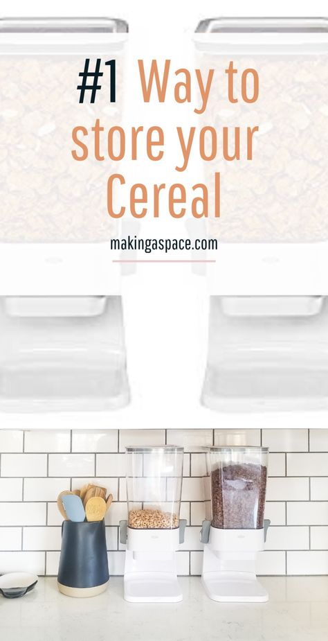 How to store cereal so it stays FRESH!  #makingaspace #organizationideas #kitchenorganization Countertop Cereal Storage, Diy Cereal Dispenser, Cereal Storage Ideas, Cereal Organization, Cereal Dispenser Ideas Kitchens, Cereal Dispenser Ideas, Store Cereal, Oxo Cereal Dispenser, Dispenser Ideas