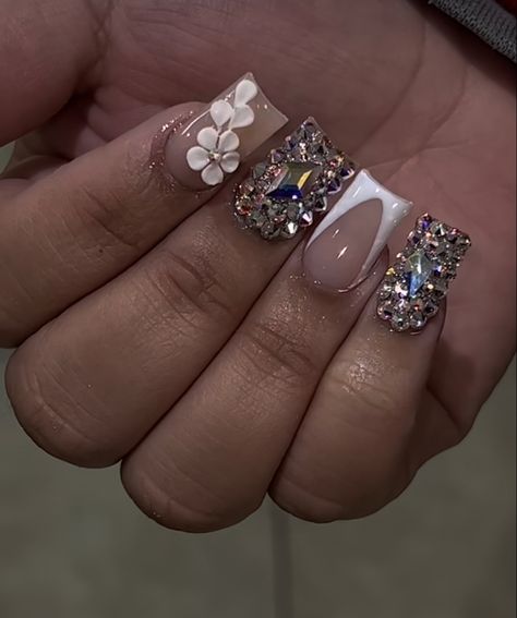 Short Acrylic Nails Dramatic, Short Dramatic Acrylic Nails, Shorties Nails With Charms, Short Acrylic Nails With Diamonds, Cute Short Nail Sets White, Short Bling Nail Designs, Ombre Short Nails Acrylic, Short Rhinestone Nails, Bling Short Nails