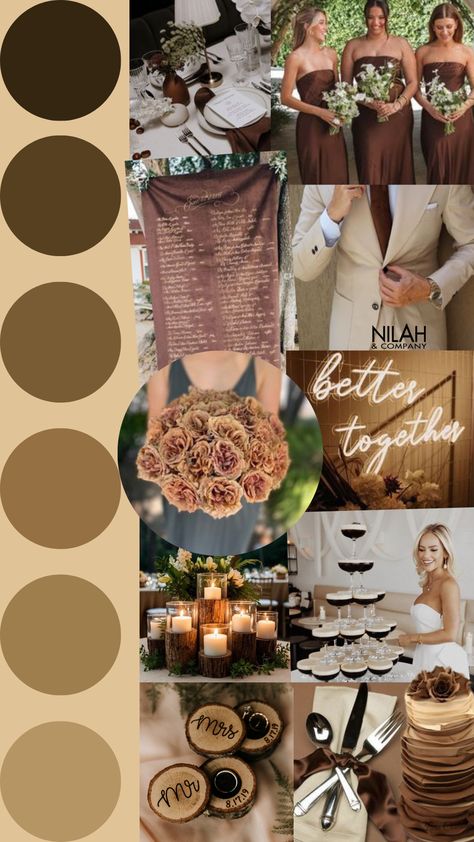 Tan Wedding Colors Colour Palettes, Light Brown Wedding Theme, Shades Of Brown Wedding, Yellow And Brown Wedding, Brown And Cream Wedding, Brown And Gold Wedding, Brown Wedding Theme, Tan Wedding Colors, March Wedding Colors