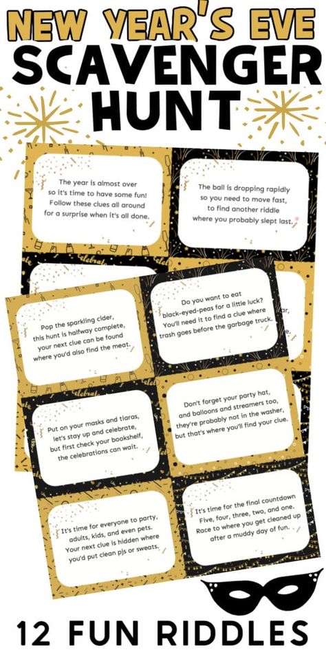 Free printable New Year's Eve scavenger hunt with fun clues and riddles for kids, teens, and adults! New Year’s Eve Scavenger Hunt Adults, New Year Scavenger Hunt For Kids, New Years Eve Teen Activities, Silver And Gold New Years Eve Party, New Year’s Eve Scavenger Hunt For Kids, New Years Ideas For Teens, New Year’s Eve Scavenger Hunt, New Years Eve Scavenger Hunt For Kids, New Year’s Resolutions For Kids