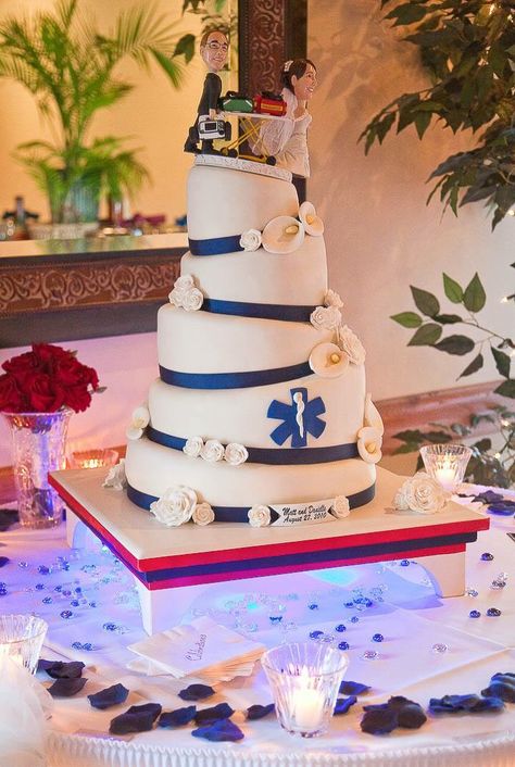 Paramedic wedding cake, topsy-turvy Paramedic Symbol, Hospital Wedding, Fire Department Wedding, Ambulance Cake, Wedding Additions, Super Hero Wedding, Wedding Bakery, Fire Wedding, Firefighter Wedding