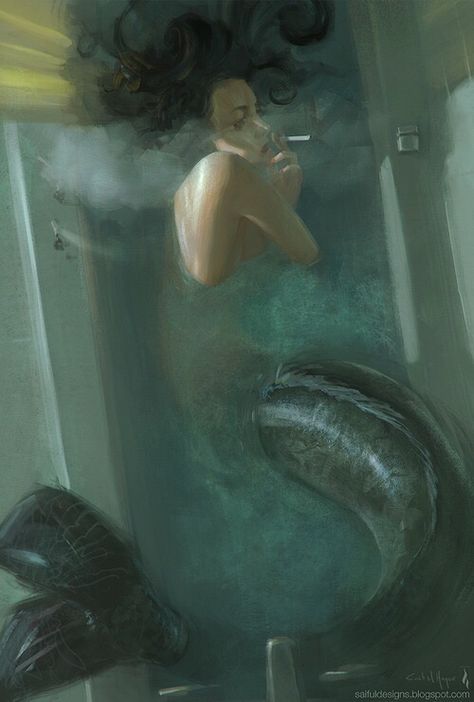 Mermaid lying in a Bathtub & smoking a cigarette art Frida Art, Concept Art World, Art Tumblr, Mermaids And Mermen, Mermaid Art, Sirens, Game Design, Amazing Art, Digital Painting