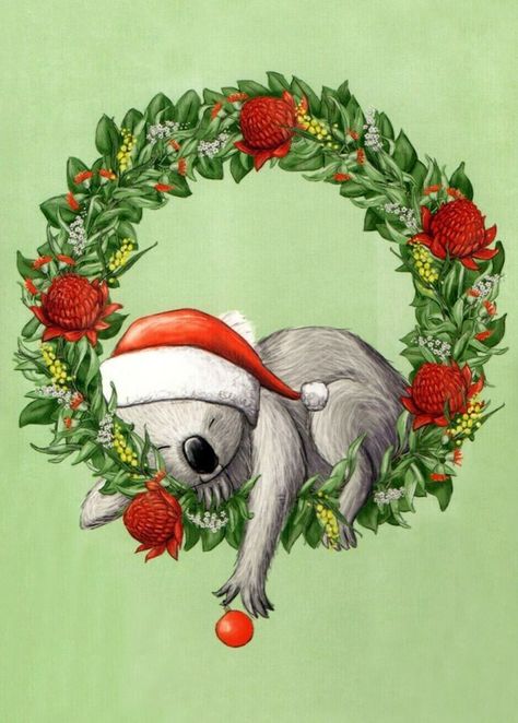 Santa Hat Wreath, Australian Christmas Cards, Christmas Koala, Hat Wreath, Christmas In Australia, Greeting Card Christmas, Aussie Christmas, Australian Christmas, Watercolor Christmas Cards