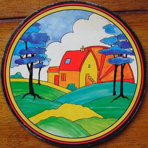 I absolutely adore this Clarice Cliff plate. Love the bright colors, love the house, love the landscape. Could be my inspiration piece. Claris Cliff, Abstract Ceramics, Art Deco Cottage, Painted Bowls, Clarice Cliff, Cottage Art, Diy Pottery, China Painting, Porcelain Art