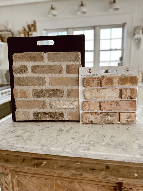 White Cottage Farm Kitchen Reno - The Brick Stove Cove Start 33 Stove Cove, Faux Brick Tile, Brick Stove, Brick Kitchen Backsplash, Brick Backsplash Kitchen, Farmhouse Kitchen Backsplash, Hood Ideas, Kitchen Updates, Kitchen Hood