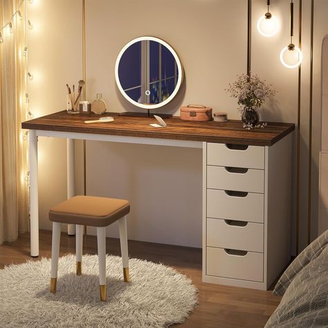 15 Space Saving Art Studio Ideas for Small Spaces - GoTinySpace Desk/vanity Combo, Brown Home Office, Modern Dressing Table Designs, Office Desk With Storage, Simple Computer Desk, Dressing Table Storage, Modern Computer Desk, Dressing Table Design, Makeup Desk