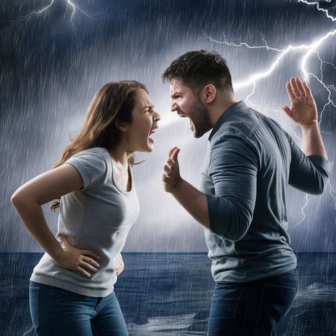 A dramatic and intense scene of a couple engaged in a fierce verbal argument. The wife, with her hands on her hips, has an angry expression on her face. Her husband, standing with his arms raised, appears to be trying to defend himself and explain his actions. The background represents a chaotic storm, with lightning flashing and rain pouring down, reflecting the turmoil in their relationship. This should not happen in life. Couple Argument, Angry Couple, Angry Wife, Angry Expression, Lightning Flash, Lack Of Empathy, Hands On Hips, Buddha Image, Husband Wife