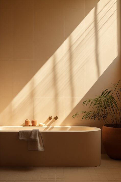 This pastel yellow bathroom is a minimalistic retro dream. The simple large tiles on the wall and the cute rounded bathtub are complimented by the large simple clay plant pot. The sunrays from the window create a setting for a perfect morning. Pastel Yellow Bathroom, Pale Yellow Bathrooms, Yellow Bathtub, Large Tiles, Clay Plant, Clay Plant Pots, Yellow Bathroom, Cosy House, Perfect Morning